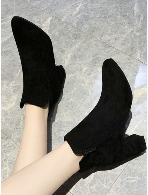 Black Suede Side Zip Chunky High Heel Boots