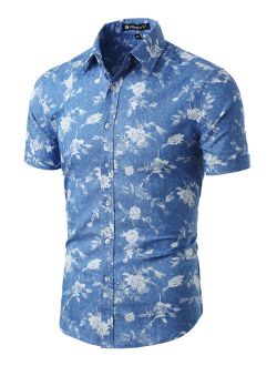 Men Short Sleeve Button Down Floral Cotton Shirt XL (US 46) Blue White