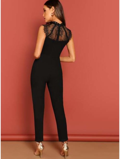 Shein Zip Back Contrast Lace Sleeveless Jumpsuit