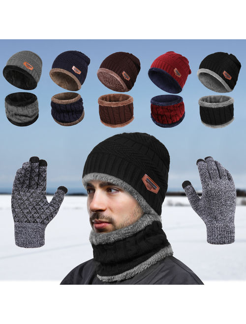 IPOW Winter Beanie Hat Scarf Set Warm Knit Hat Thick Knit Skull Cap for Men Women (BLACK)