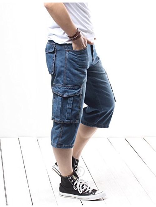 Idopy Men`s Motorcycle Loose Fit Cropped Work Jeans Denim Cargo Shorts
