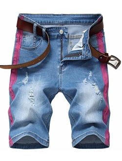 CLOTPUS Men's Casual Ripped Jeans Shorts Stretchy Side Color Ribbon Denim Shorts Striped
