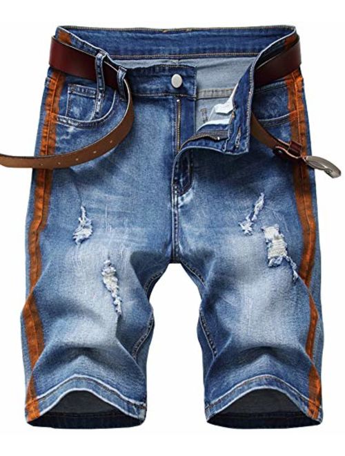 CLOTPUS Men's Casual Ripped Jeans Shorts Stretchy Side Color Ribbon Denim Shorts Striped
