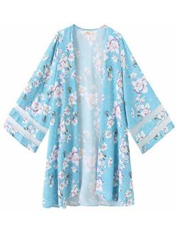 Women Mesh Panel 3/4 Bell Sleeve Floral Chiffon Casual Loose Kimono Cardigan Capes