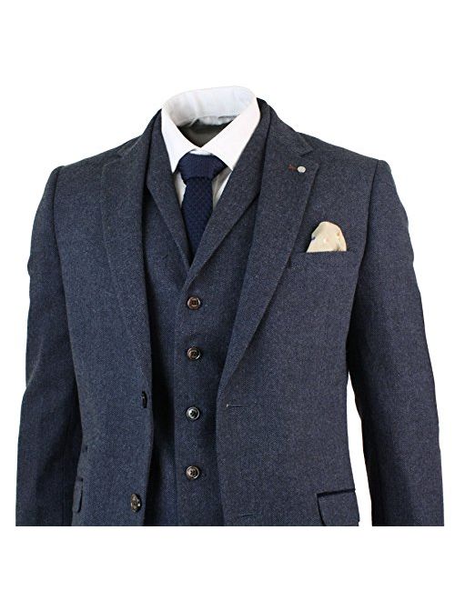 CAVANI Mens Brown Herringbone Tweed Wool Mix Black 3 Piece Vintage Retro Suit Slim Fit Brown 36