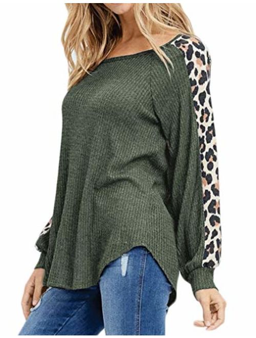 Naggoo Women's Fall Waffle Knit Tops Leopard Print Tunic Casual Raglan Long Sleeve Sweater Shirts Pullover