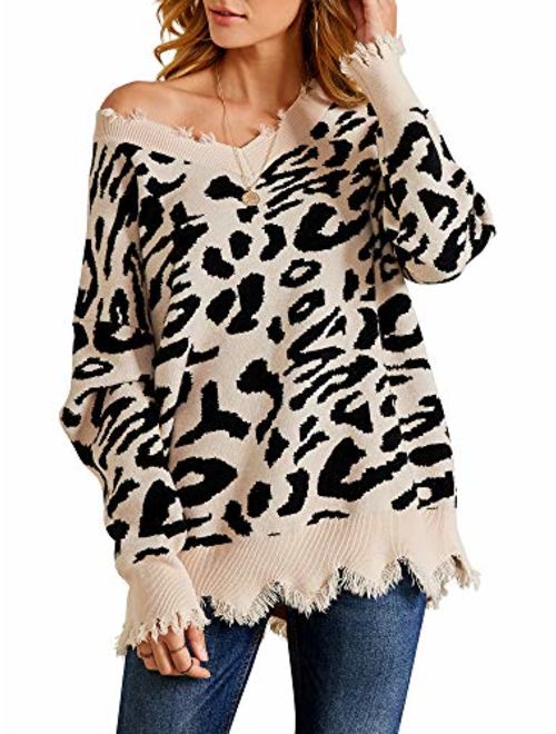 Foshow Womens Leopard Print Distressed Sweater Tops Oversized V Neck Ripped Cropped Cheetah Animal Knit Pullover
