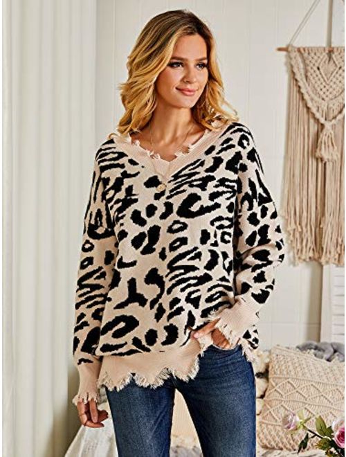 Foshow Womens Leopard Print Distressed Sweaters Top Oversized V Neck Ripped Cropped Cheetah Animal Knit Pullover Sweater
