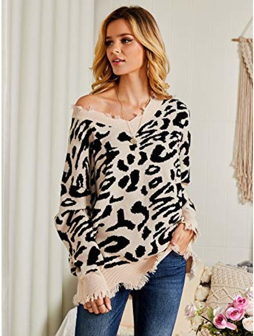 Foshow Womens Leopard Print Distressed Sweaters Top Oversized V Neck Ripped Cropped Cheetah Animal Knit Pullover Sweater