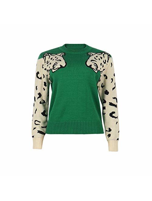 JUNBOON Womens Casual Leopard Print Knitted Pullover Sweaters Long Sleeve Crew Neck Jumper Tops