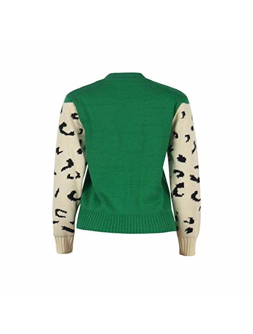 JUNBOON Womens Casual Leopard Print Knitted Pullover Sweaters Long Sleeve Crew Neck Jumper Tops
