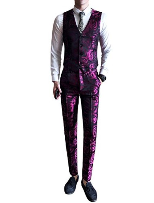 MOGU Mens Three Piece Skinny Printed Tuxedo Wedding Party Suits