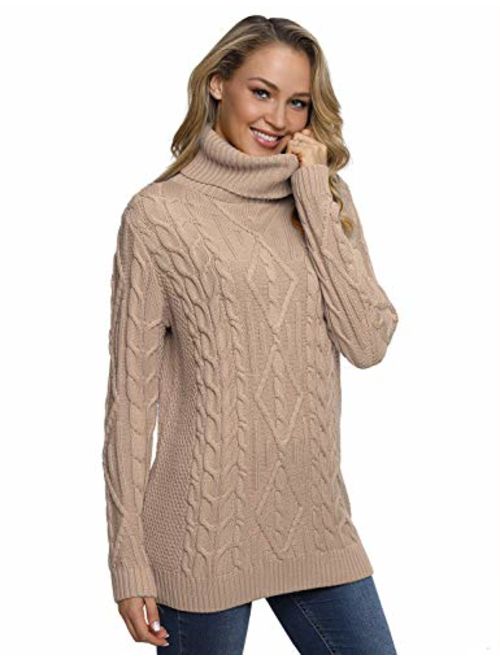 Lynz Pure Women's Turtleneck Sweater Cable Knit Tunic Sweater Pullover Tops