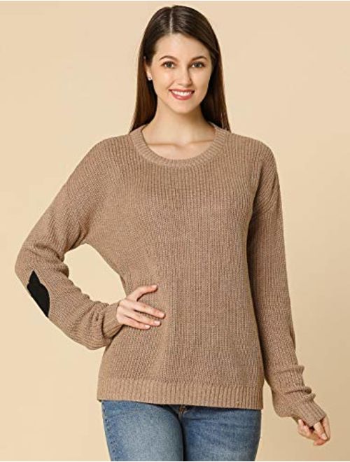 Allegra K Women's Pullover Drop Shoulder Elbow Cat Patch Loose Sweater Pullover Jumper