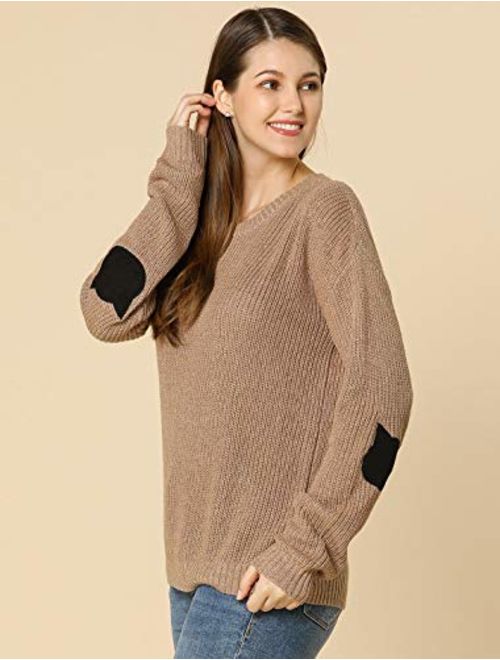 Allegra K Women's Pullover Drop Shoulder Elbow Cat Patch Loose Sweater Pullover Jumper