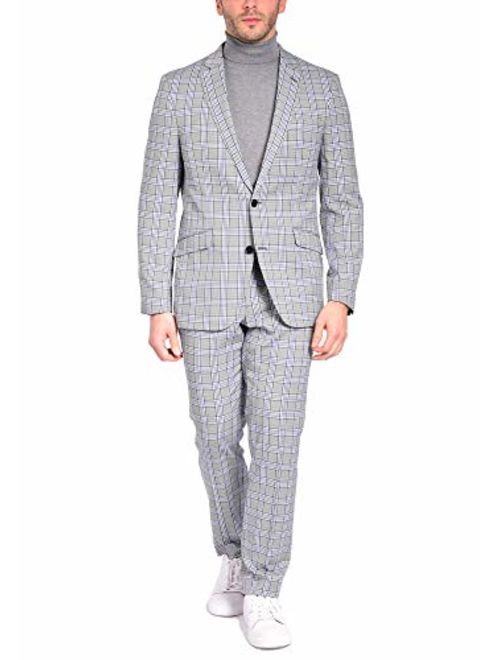Craft & Soul Men's Slim Fit 2 Piece Jacket Pants Fancy Windowpane Plaid Pattern Suit
