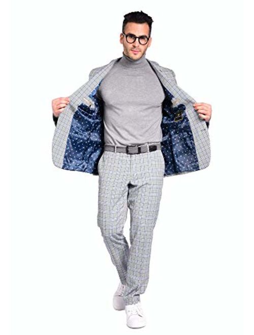 Craft & Soul Men's Slim Fit 2 Piece Jacket Pants Fancy Windowpane Plaid Pattern Suit