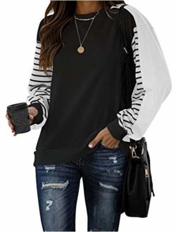 PRETTODAY Women's Color Block Pullovers Crew Neck Striped Print Sweaters Long Sleeve Tops