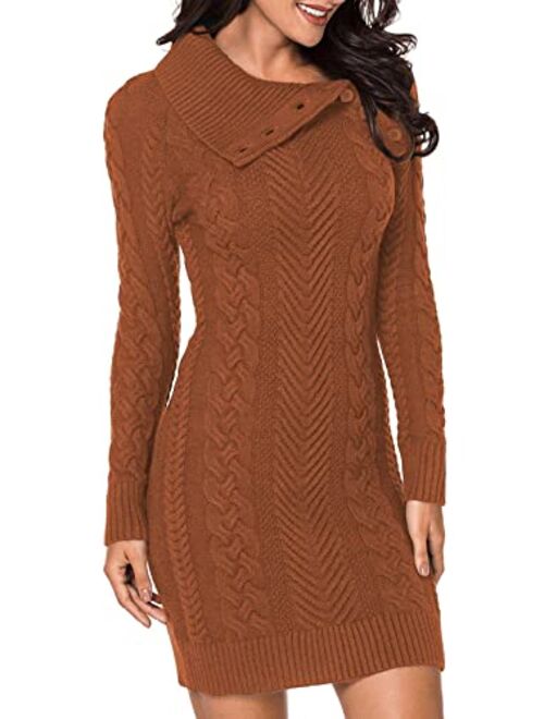AZOKOE Women Asymmetric Buttoned Cable Knit Bodycon Slim Fit Mini Sweater Dress Jumper