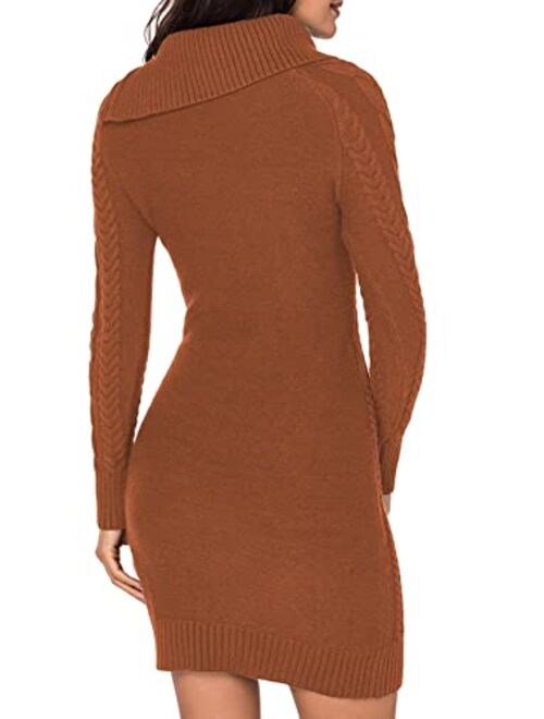AZOKOE Women Asymmetric Buttoned Cable Knit Bodycon Slim Fit Mini Sweater Dress Jumper