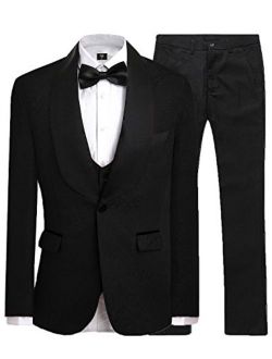 JYDress Mens Jacquard 3 Piece Suit Slim Fit Tuxedo Blazer Jacket Tux Vest & Trousers