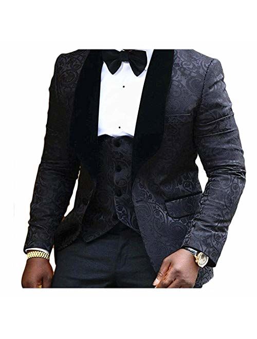 JYDress Mens Jacquard 3 Piece Suit Slim Fit Tuxedo Blazer Jacket Tux Vest & Trousers