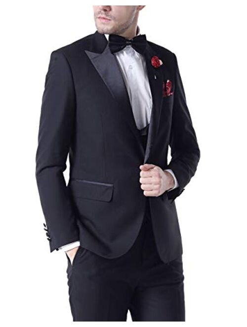 Botong Men's 3 Pc Red Notch Lapel Wedding Suits Slim Fit Groom Tuxedos