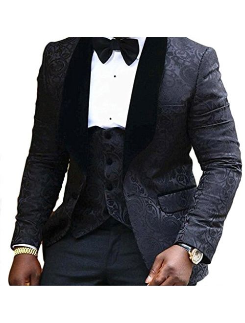 LILIS Men's Fashion One Button Jacquard Weave Mens Slim Fit Tuxedos Suits 3 Piece Sets