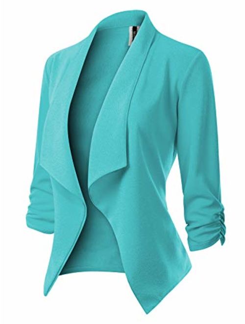 MixMatchy Women's Classic 3/4 Gathered Sleeve Open Front Solid Blazer Jacket [Made in USA](S-3XL)
