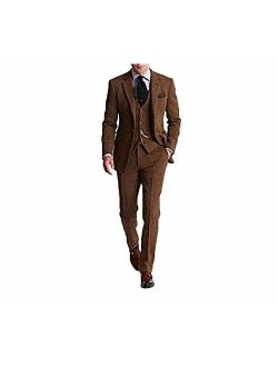 Retro 3 Piece Brown Grey Tweed Herringbone Men's Suits Slim Fit Groom Tuxedos Prom Blazer Custom Jacket