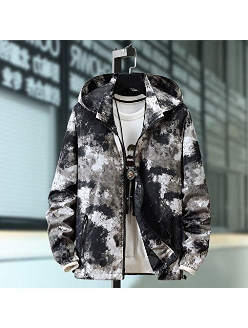 CTAU Outwear for Mens Autumn Casual Camouflage Printing Plus Size Hoodie Hat Detachable Thin Coat