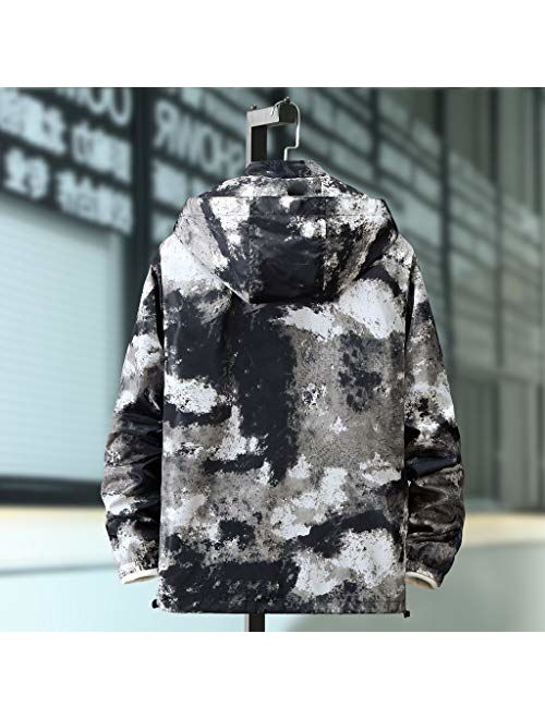 CTAU Outwear for Mens Autumn Casual Camouflage Printing Plus Size Hoodie Hat Detachable Thin Coat