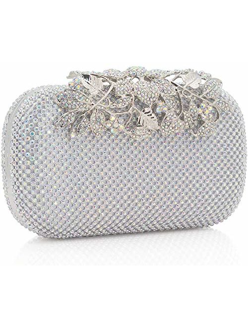 Dexmay Luxury Flower Women Clutch Purse Rhinestone Crystal Evening Bag for Wedding Party
