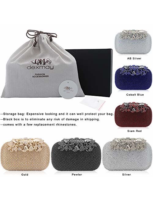 Dexmay Luxury Flower Women Clutch Purse Rhinestone Crystal Evening Bag for Wedding Party