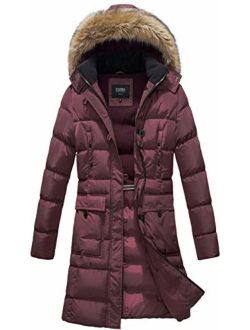 ELORA Women's Winter Puffer Mid Length Cargo Pocket Coat Fur Trim Removable Hood
