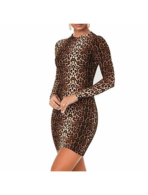 LuFeng Women's Long Sleeve High Neck Tigerskin Snakeskin Leopard Print Midi Bodycon Dress Party Club Dress