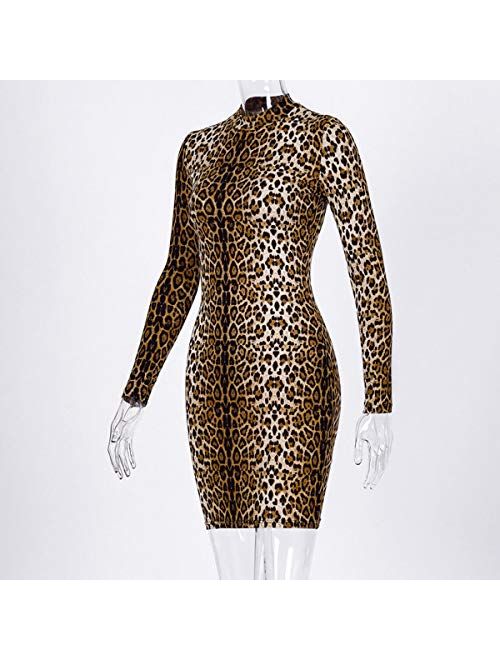 LuFeng Women's Long Sleeve High Neck Tigerskin Snakeskin Leopard Print Midi Bodycon Dress Party Club Dress