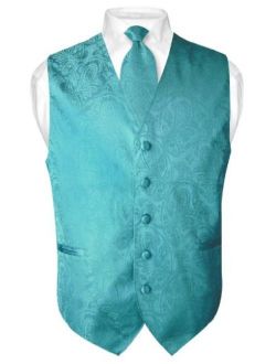 Men's Paisley Design Dress Vest & Necktie Turquoise Aqua Blue Color Neck Tie Set