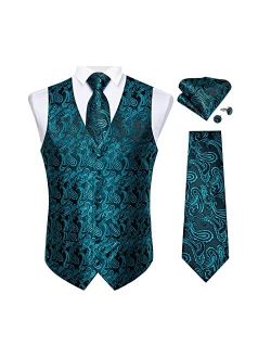 DiBanGu Men's Paisley Waistcoat and Necktie Pocket Square Cufflink Vest Suit Set for Tuxedo