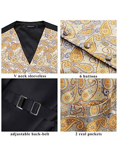 HISDERN Men's Paisley Floral Jacquard Waistcoat & Neck Tie and Pocket Square Vest Suit Set