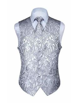 Men's Paisley Floral Jacquard Waistcoat & Neck Tie and Pocket Square Vest Suit Set Gray