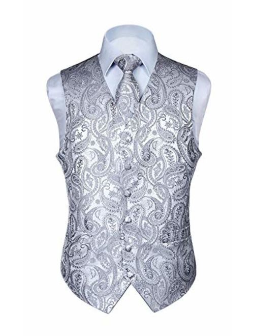 HISDERN Men's Paisley Floral Jacquard Waistcoat & Neck Tie and Pocket Square Vest Suit Set Gray