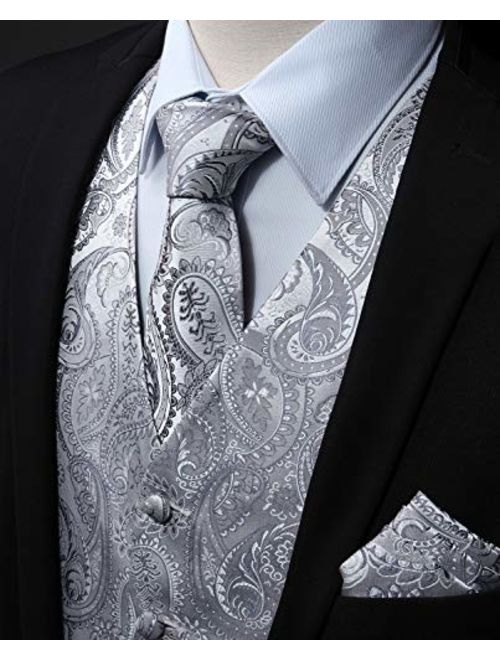 HISDERN Men's Paisley Floral Jacquard Waistcoat & Neck Tie and Pocket Square Vest Suit Set Gray