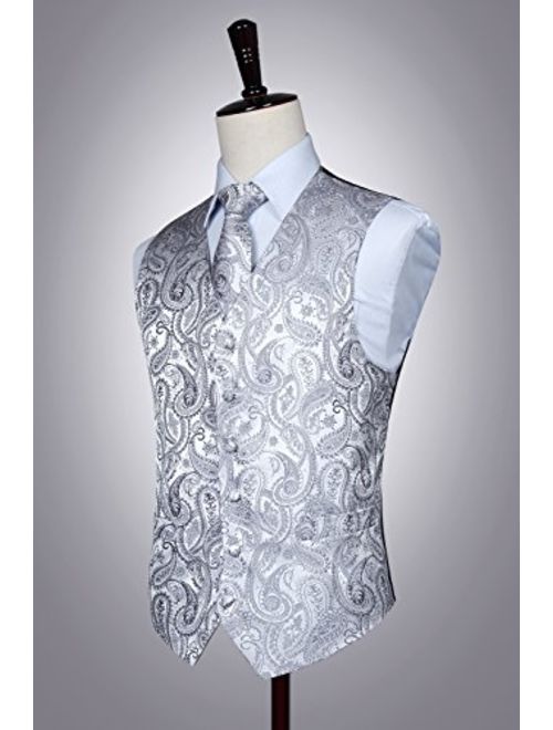 HISDERN Men's Paisley Waistcoat Floral Jacquard Necktie Pocket Square Handkerchief Wedding Party Business Fit Vest Suit Set XS-6XL