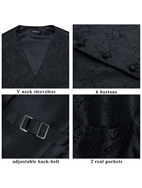 HISDERN Men's Paisley Floral Jacquard Waistcoat & Neck Tie and Pocket Square Vest Suit Set