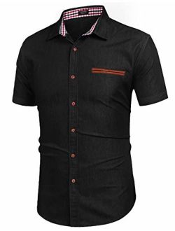 Men's Casual Short Sleeve Button Down Dress Shirt Denim Work Shirts