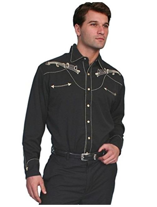 Scully Men's Music Note Embroidered Retro Western Shirt Big and Tall - P627-Blk