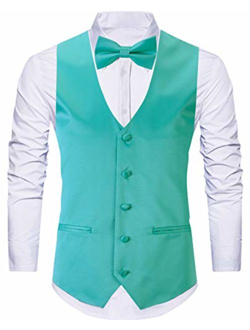 WANNEW 4pc Mens Tuxedo Vest Suit Vest Paisley Vest Set, with Bow Tie, Neck Tie & Pocket Hanky