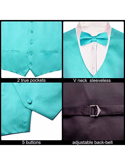 WANNEW 4pc Mens Tuxedo Vest Suit Vest Paisley Vest Set, with Bow Tie, Neck Tie & Pocket Hanky