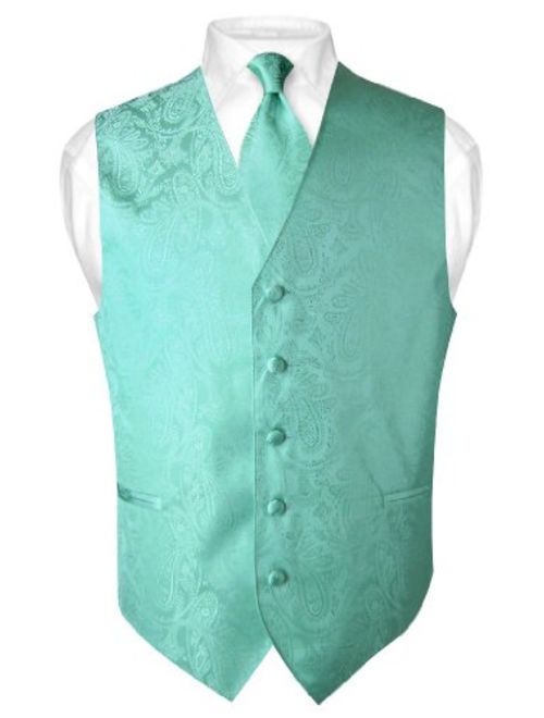 Men's Paisley Design Dress Vest & Necktie Aqua Green Color Neck Tie Set